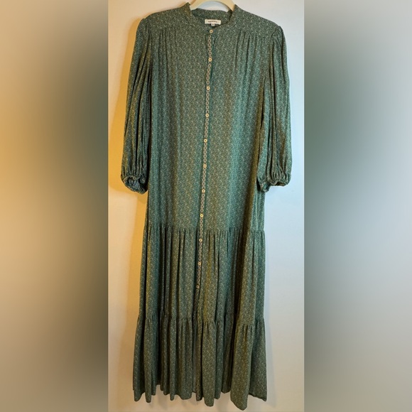 Max Studio Green Floral Maxi Dress Tiered Ruffled Skirt 3/4 Sleeves Size L - Picture 1 of 6